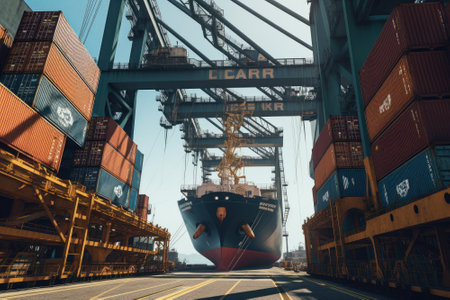Port cranes loading containers on board a ship at cargo terminal of the seaport. Containers are stacked evenly and secured. Global transportation and logistic concept. 3D illustration.の素材