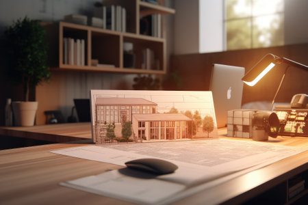 Workplace of an architect, interior designer, engineer. Project sketch, blueprints, laptop, drawing tools and home decor on the table. Remote work concept. Mockup, 3D illustration.の素材