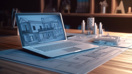 Workplace of an architect, interior designer, engineer. Laptop with a project on the monitor, blueprints, drawing tools and home decor on the table. Remote work concept. Mockup, 3D illustration.の素材