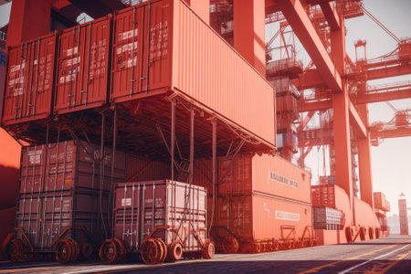 Port cargo terminal, transport hub. Huge industrial crane reloading containers from cargo cars on board a cargo ship. Global freight transport and logistics concept. 3D illustration.の素材