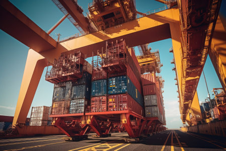 Port cargo terminal, transport hub. Huge industrial crane loading containers from a railway cargo platform on board a cargo ship. Global freight transport and logistics concept. 3D illustration.の素材