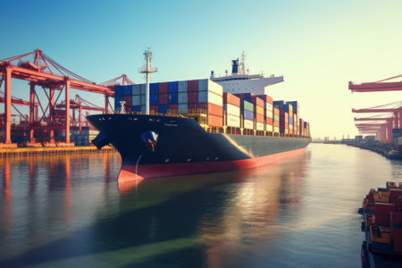 Container ship enters the water area of a giant seaport cargo terminal. Port cranes on the berths are ready to unload the ship. Global freight transportation and logistics concept. 3D illustration.の素材