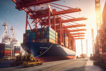 Port cargo terminal, transport hub. Huge industrial cranes loading containers on board a cargo ship and stack them evenly. Global freight transport and logistics concept. 3D illustration.の素材