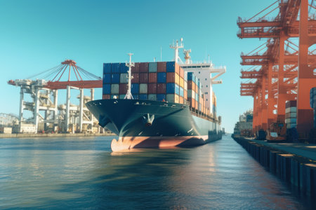 Container ship enters the water area of a giant seaport cargo terminal. Port cranes on the berths are ready to unload the ship. Global freight transportation and logistics concept. 3D illustration.の素材