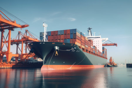 Container ship enters the water area of a giant seaport cargo terminal. Port cranes on the berths are ready to unload the ship. Global freight transportation and logistics concept. 3D illustration.の素材