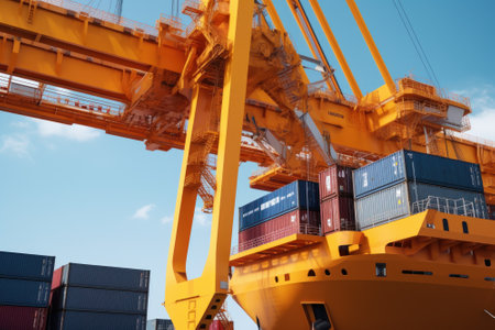 Close up view of a huge industrial crane loading containers on board a cargo ship and stacking them evenly. Global freight transport and logistics concept. 3D illustration.の素材