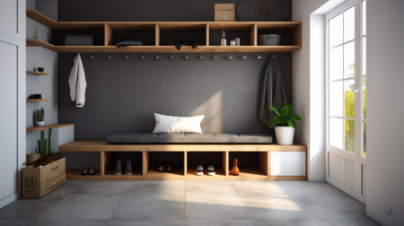 Stylish interior of a hallway in a country house. Gray walls, wall hangers, shoe cabinets, plants in pots, home decor. Modern cozy interior. Mockup, 3D rendering.の素材