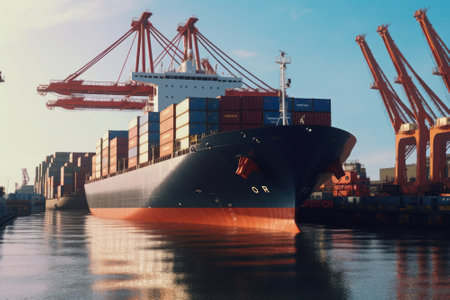 Container ship enters the water area of a giant seaport cargo terminal. Port cranes on the berths are ready to unload the ship. Global freight transportation and logistics concept. 3D illustration.の素材