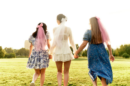 Happy charming bride in a white dress with a white veil and two bridesmaids with pink veils hugging...