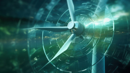 Graphic image of the rotating blades of a windmill on a blue blurred background. Sustainable wind energy process. Virtual data technology. Green energy power production. Mockup, 3D rendering.の素材
