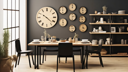 Stylish open space dining room interior in a modern apartment. Wooden table with design chairs, home decor, watch faces on the gray wall. Mockup, 3D rendering.の素材