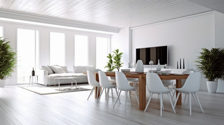 Interior of modern minimalist white living room with dining area. Comfortable sofa, coffee table, wooden dining table with chairs, house plants in pots, flat TV on the wall. Mockup, 3D rendering.の素材
