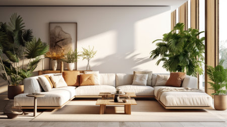 Cozy elegant boho style living room interior in natural colors. Comfortable couch with cushions and plaid, many houseplants, wooden coffee table, painting on the wall, home decor. 3D rendering.の素材