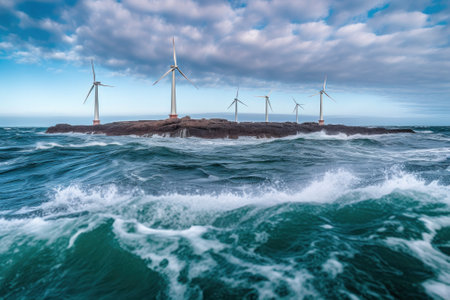 Offshore wind farm on a small rocky island in the middle of a stormy north sea. Beautiful seascape with the wind generators. Sustainable green energy concept. 3D rendering.の素材