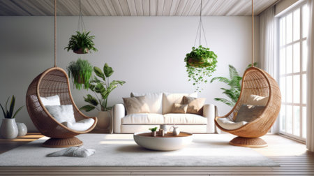 Cozy modern living room interior. Boho style hanging wicker egg chairs, beige textile sofa, green plants in hanging and floor pots, coffee table add a bohemian chic to the bright room. 3D rendering.の素材