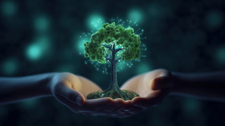 Symbolic green tree in human hands on blurred background. Respect for nature, sustainable energy, care for the environment, ecological development. Earth Day concept. 3D rendering.の素材