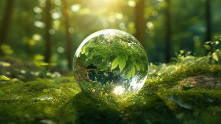 Transparent crystal sphere in a green forest filled with sunlight. Grass and trees are reflected in the glass globe. Protection of water resources concept. Environmental care. Earth Day. 3D rendering.の素材