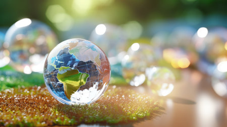 Transparent crystal sphere filled with sunlight on green grass. Glass globe with outlines of continents, symbolizing Earth. Protection of water resources concept. Environmental care. 3D rendering.の素材