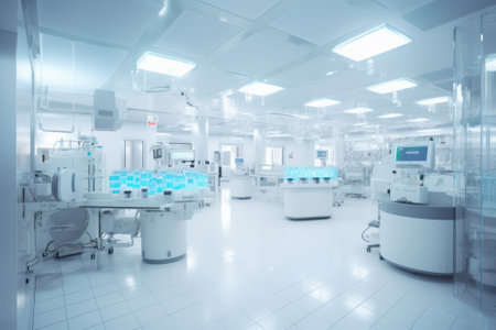 Contemporary drug production workshop interior. Spacy bright sterile room, facility with modern industrial machinery. Manufacturing process: pharmaceutics, semiconductors, biotechnology. 3D rendering.の素材