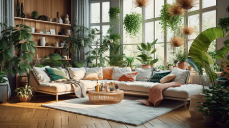 Cozy elegant boho style living room interior in natural colors. Comfortable couch with cushions and plaid, many houseplants, wooden coffee table, soft carpet, home decor. 3D rendering.の素材