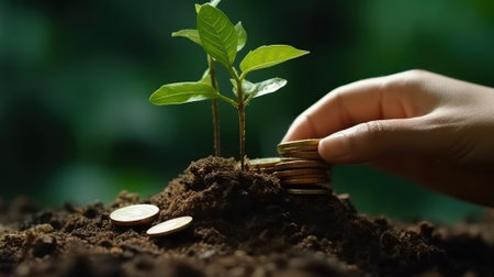 Hand putting coins with plant growing on coin stack over green blurred background. Business finance strategy, money earning and saving ideas, future investment concept. 3D rendering.の素材