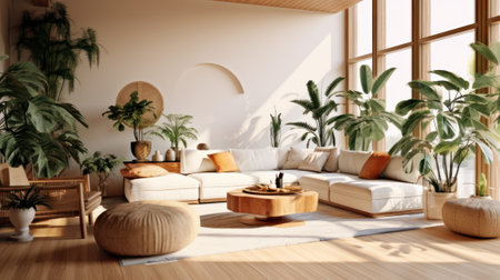 Cozy elegant boho style living room interior in natural colors. Comfortable couch with cushions, ottomans, many houseplants, wooden coffee table, soft carpet, home decor. 3D rendering.の素材