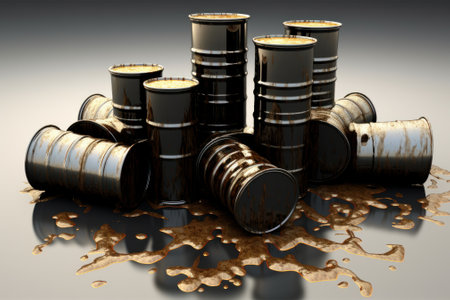Jumbled pile of barrels and spilled crude oil on the abstract glossy black surface. Environmental pollution concept. Mockup with copy space. 3D rendering.の素材