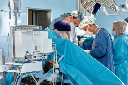 General view of operating theater with modern medical equipment and computers during a complex...