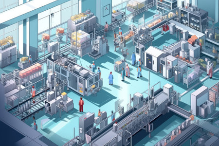3D mockup illustration of contemporary high-tech production workshop. Facility with modern industrial machinery and conveyors. Manufacturing process: pharmaceutics, semiconductors, biotechnology.の素材