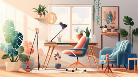 Sketch of elegant cozy boho style living room interior. Comfortable armchair with plaid, desk with chair, green plants in flower pots, wall and table decor. Bohemian chic. Mockup, 3D rendering.の素材