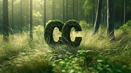 CO2 symbol on green grass in a forest. Lower carbon footprints to limit global warming and climate change. Sustainable development and business based on renewable energy. Reduce CO2 emission concept.の素材