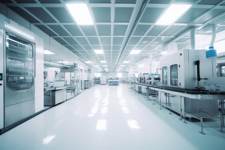 Contemporary drug production workshop interior. Spacy bright sterile room, facility with modern industrial machinery. Manufacturing process: pharmaceutics, semiconductors, biotechnology. 3D rendering.の素材