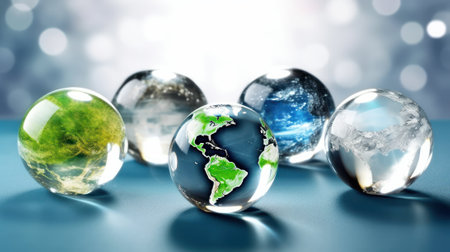 Transparent crystal spheres filled with sunlight on blue surface. Glass globes with outlines of continents, green grass, ocean water, mountain ice. Protection of water resources concept. 3D rendering.の素材