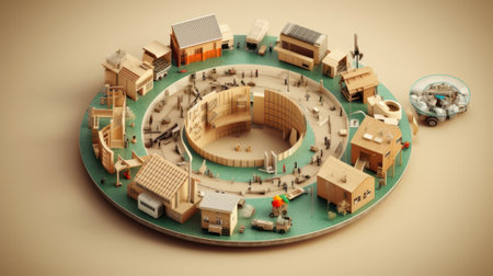 Sketchy 3D illustration, symbolizing the circular nature of urban life, economy development. Habitation, energy, industry, science, recreation, transportation, recycling. Mockup, beige background.の素材