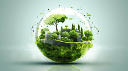 Symbolic image of the globe with elements of human activity and nature. Environment, save clean planet, ecology concept. Saving nature for future generations. Earth Day banner with copy space.の素材