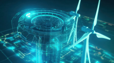 Graphic image of wind generators and diagram of energy production and use on blue background. Sustainable wind energy process. Virtual data technology. Green energy production. Mockup, illustration.の素材