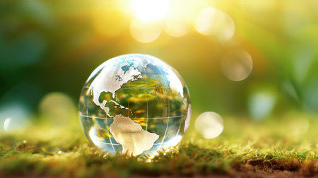 Transparent crystal sphere filled with sunlight on the grass with blurred background. Glass globe with continent shapes. Protection of water resources concept. Environmental care. 3D rendering.の素材