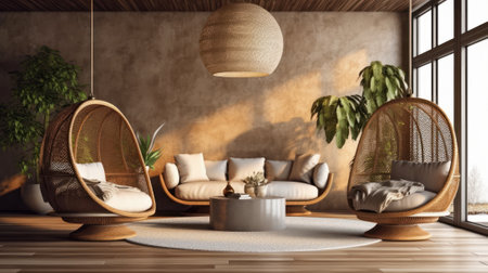 Cozy modern living room interior. Boho style hanging wicker egg chairs, stylish couch, coffee table, houseplants, wicker pendant light add bohemian chic to the bright room. Mockup, 3D rendering.の素材
