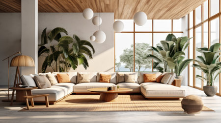 Cozy elegant boho style living room interior in natural colors. Comfortable corner couch with cushions, many houseplants, wooden coffee table, rug on the floor, large window, home decor. 3D rendering.の素材