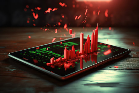 Tablet with financial rise and fall chart. Green and red 3D graphs of financial stock market, energy prices, business and technology development. Financial analysis, results and forecasts. Template.の素材