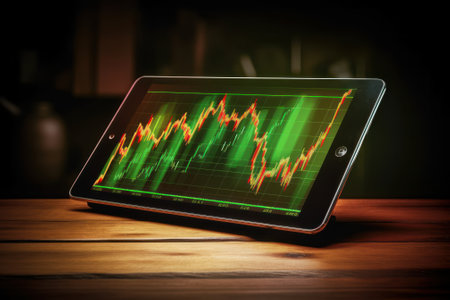 Tablet with financial rise and fall chart. Green and red graphs of financial stock market, energy prices, business and technology development. Financial analysis, results and forecasts. Template.の素材