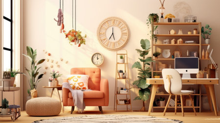 Sketchy illustration of elegant cozy boho style living room interior. Comfortable armchair, desk with chair, green plants in flower pots, wooden shelving, wall and table decor. Mockup, 3D rendering.の素材