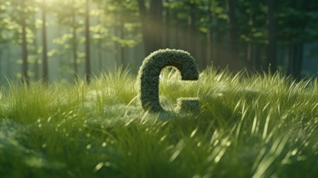 CO2 symbol on green grass in a forest. Lower carbon footprints to limit global warming and climate change. Sustainable development and business based on renewable energy. Reduce CO2 emission concept.の素材
