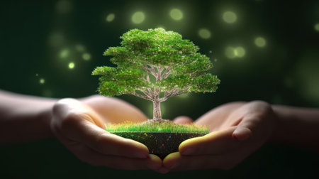 Symbolic magic green tree in human hands on blurred background. Respect for nature, sustainable energy, care for the environment, ecological development. Earth Day concept. Copy space. 3D rendering.の素材