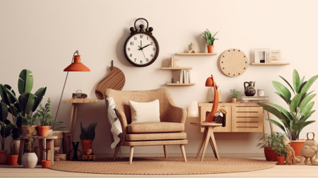 Sketchy 3D image of elegant cozy boho style living room interior with wall clock. Comfortable armchair, desk with table lamp, houseplants in pots, side table, home decor. Mockup, illustration.の素材