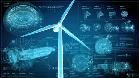 Graphic image of wind generator and diagram of energy production and use on blue background. Sustainable wind energy process. Virtual data technology. Green energy production. Mockup, illustration.の素材