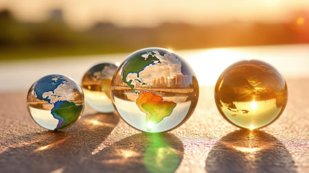 Transparent crystal spheres filled with sunlight on stone surface with blurred background. Glass globes with continents shapes. Protection of water resources concept. Environmental care. 3D rendering.の素材