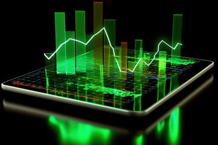 Tablet with financial rise and fall chart. Green and red 3D graphs of financial stock market, energy prices, business and technology development. Financial analysis, results and forecasts. Template.の素材