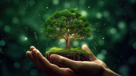 Symbolic magic green tree in human hands on blurred background. Respect for nature, sustainable energy, care for the environment, ecological development. Earth Day concept. Copy space. 3D rendering.の素材