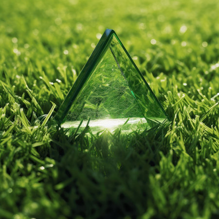 Transparent crystal triangle filled with sunlight on green grass. Symbolic icon of recycling and natural resources preserve. Water resources protection, environmental care. 3D rendering, macro effect.の素材